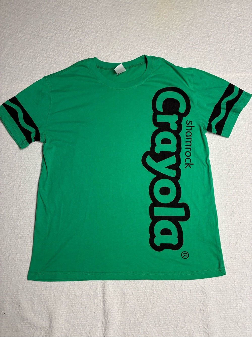 Crayola Shamrock Green Tee with Black Logo & Sleeve Stripes